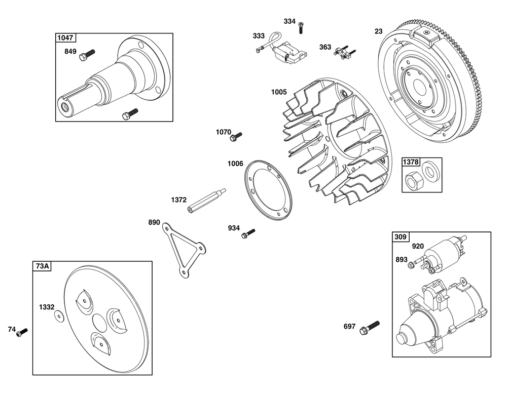 Flywheel, Ignition, And Starter Group Diagram and Parts List for 613477-0278-J1 400000 - 699999 Briggs and Stratton Engine